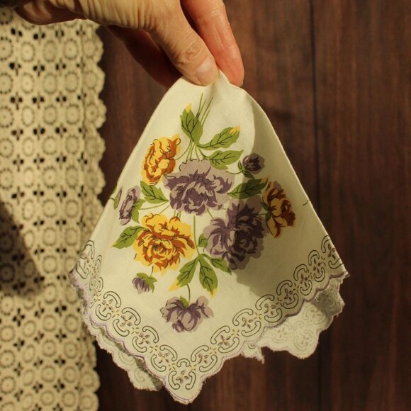 Vintage Handkerchief, Purple and Yellow Roses Flower Print Cotton Hankie - Picture 12 of 12